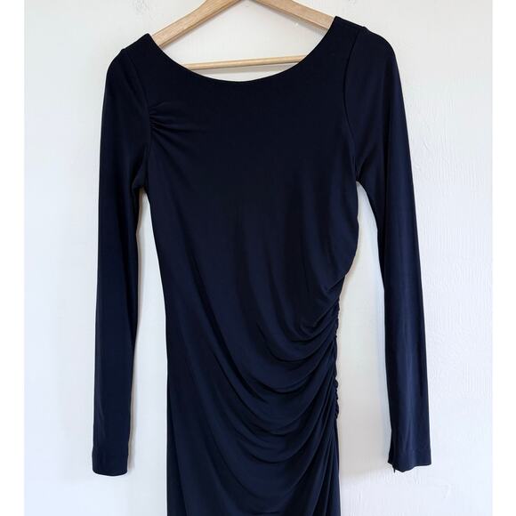 BADGLEY MISHKA deep navy blue scoop neck side ruched midi cocktail dress - Picture 2 of 7